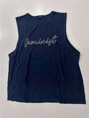 The Upside Feminist Embroidered Navy Muscle Tank Top